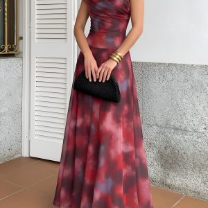 Printed Mesh One Shoulder Ruched Maxi A-Line Dress Red/L - Allegra K catalog