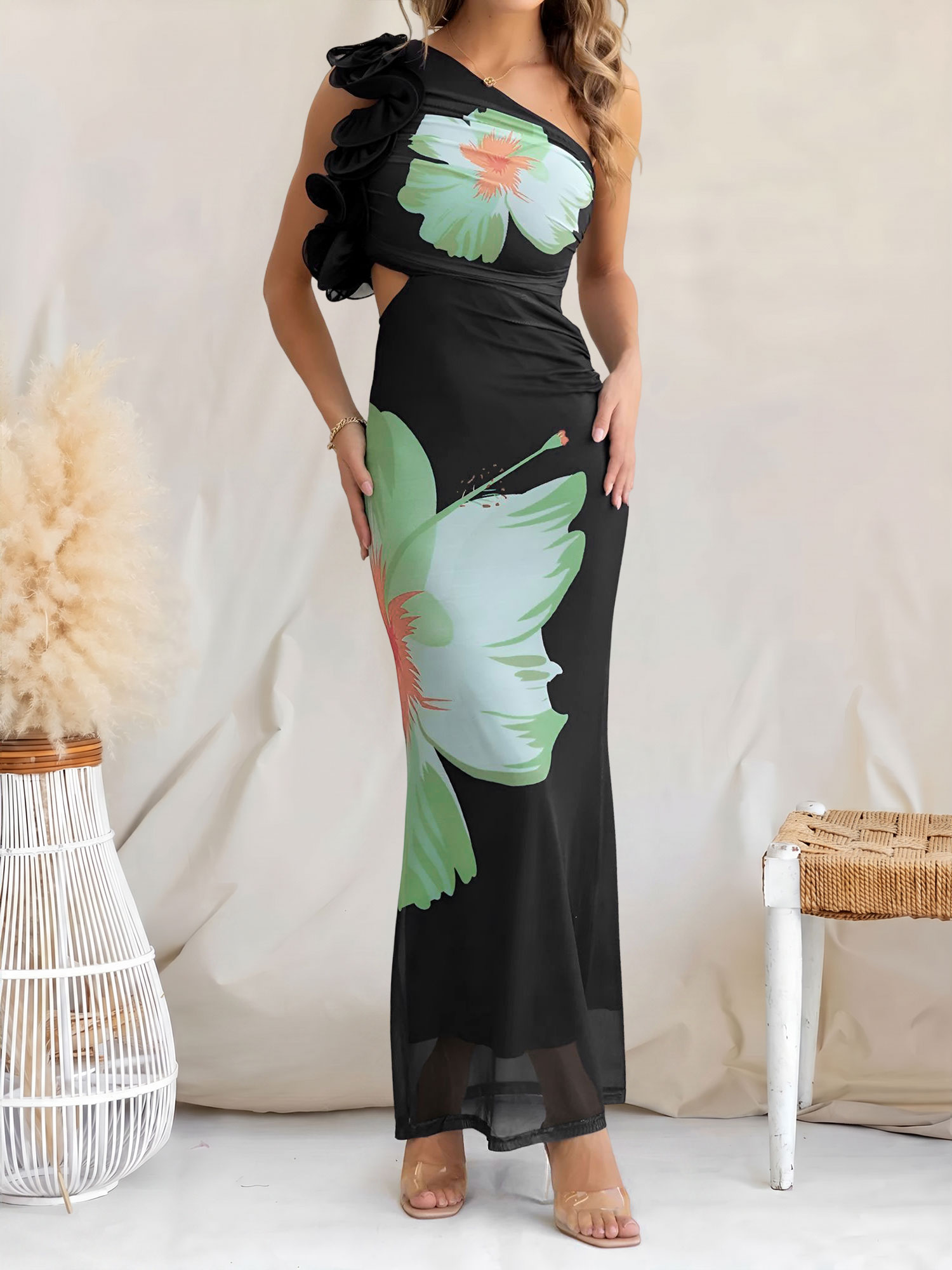 Floral One Shoulder Ruched Bodycon Maxi Dress Black/L - Allegra K catalog