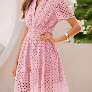 Eyelet Notch Neck Short Sleeve A-Line Dress Pink/L - Allegra K catalog