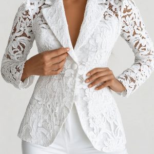 Lace Notch Lapel One Button Sheer Long Sleeves Blazer White/S - Allegra K catalog