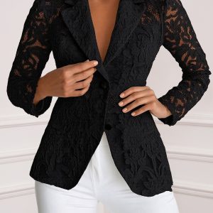 Lace Notch Lapel One Button Sheer Long Sleeves Blazer Black/M - Allegra K catalog