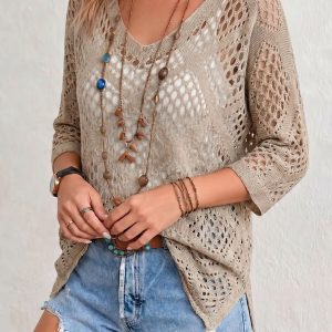 Hollow-out Batwing Sleeve Crochet Cover Up Khaki/XL - Allegra K catalog