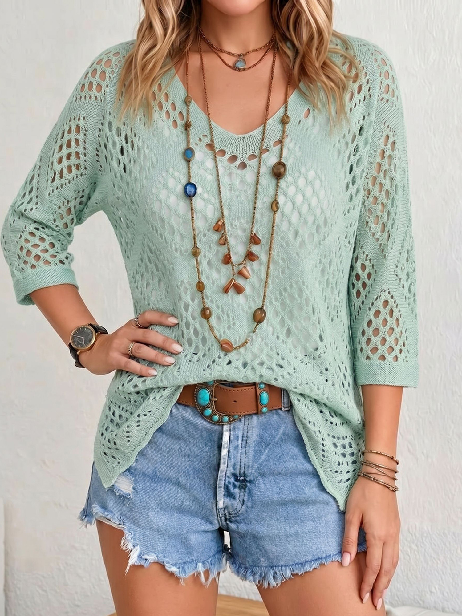 Hollow-out Batwing Sleeve Crochet Cover Up Green/XS - Allegra K catalog