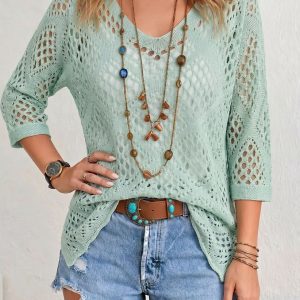 Hollow-out Batwing Sleeve Crochet Cover Up Green/L - Allegra K catalog