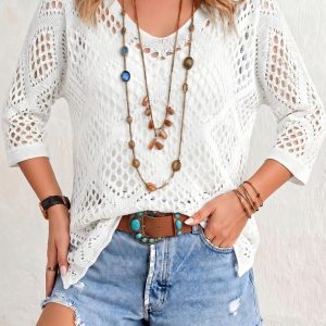 Hollow-out Batwing Sleeve Crochet Cover Up White/M - Allegra K catalog