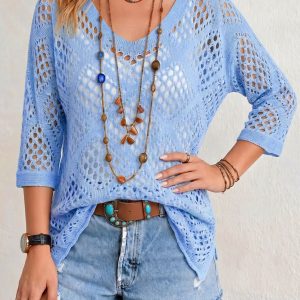 Hollow-out Batwing Sleeve Crochet Cover Up Blue/S - Allegra K catalog