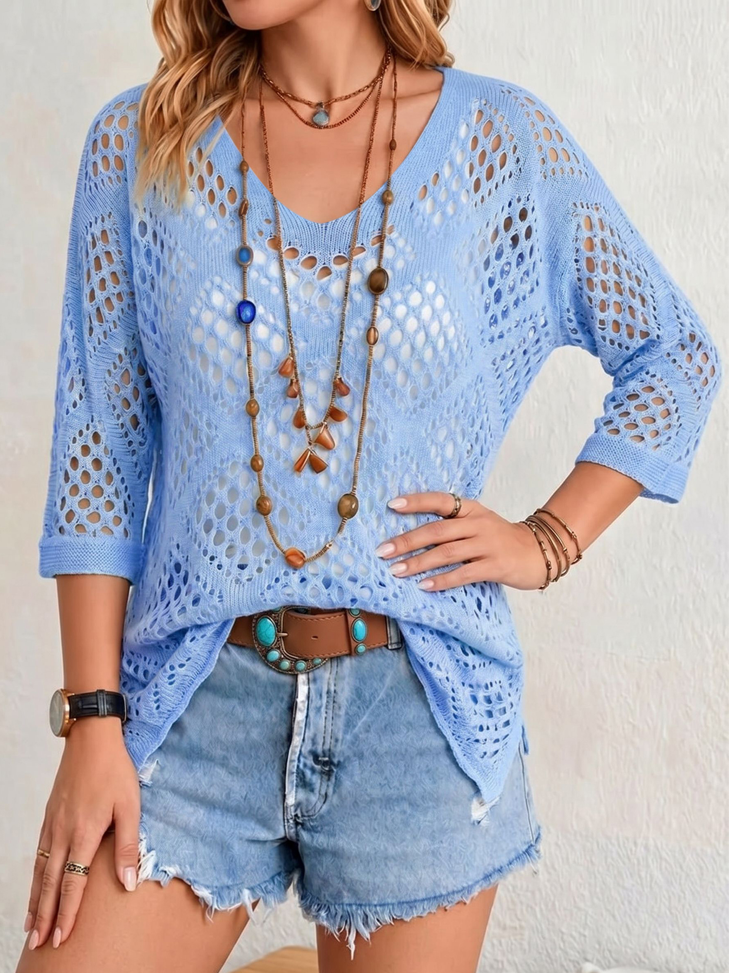 Hollow-out Batwing Sleeve Crochet Cover Up Blue/L - Allegra K catalog