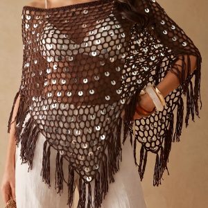Sequined Knitted Triangle Vacation Fringed Shawl Cape Cover Up Brown/S - Allegra K catalog