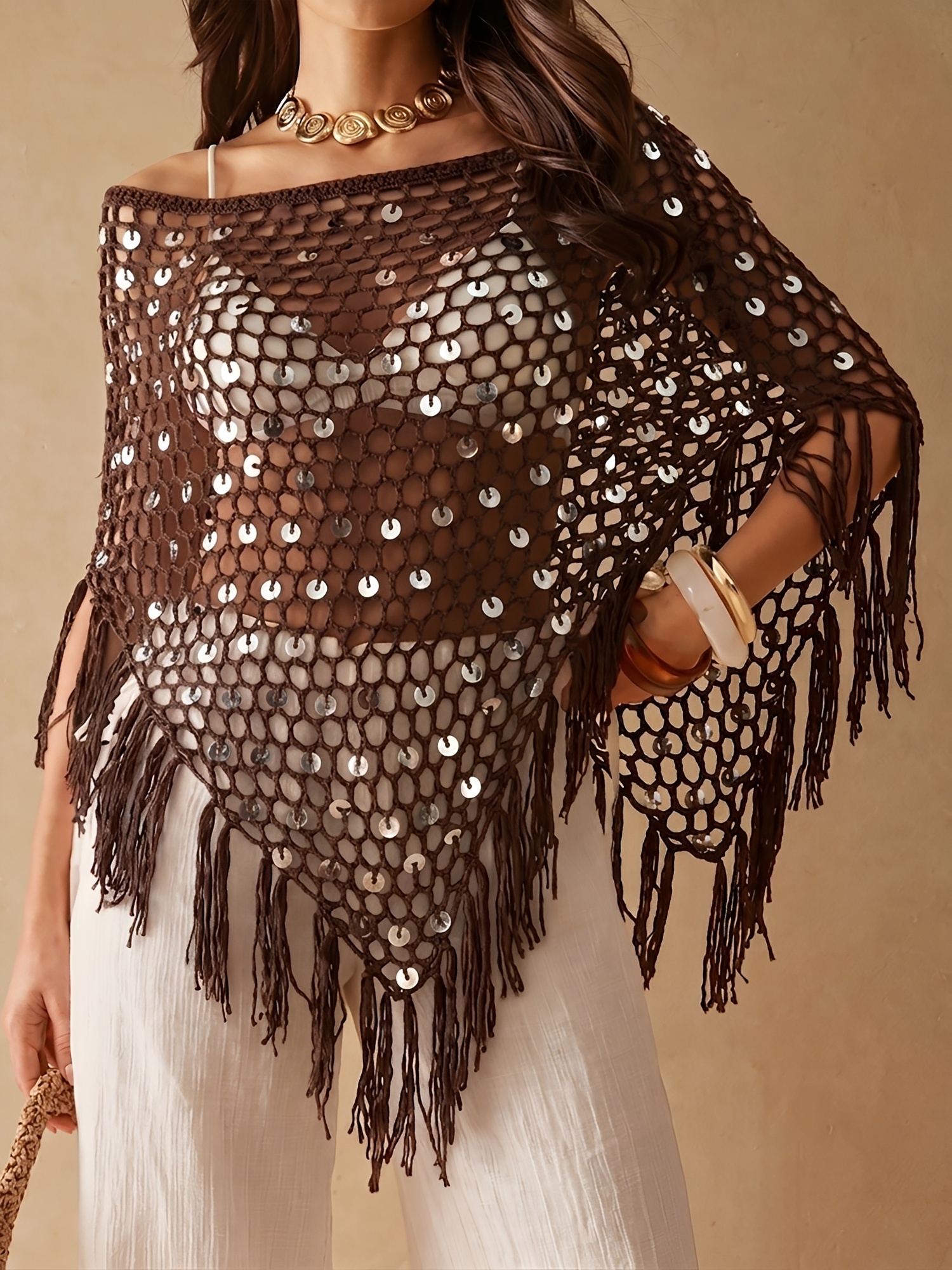 Sequined Knitted Triangle Vacation Fringed Shawl Cape Cover Up Brown/S - Allegra K catalog
