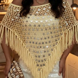 Sequined Knitted Triangle Vacation Fringed Shawl Cape Cover Up Yellow/M - Allegra K catalog