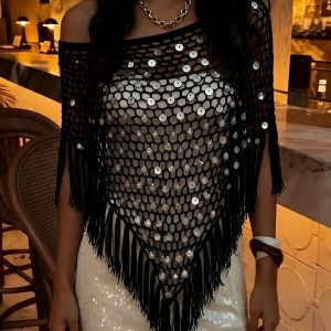 Sequined Knitted Triangle Vacation Fringed Shawl Cape Cover Up Black/S - Allegra K catalog