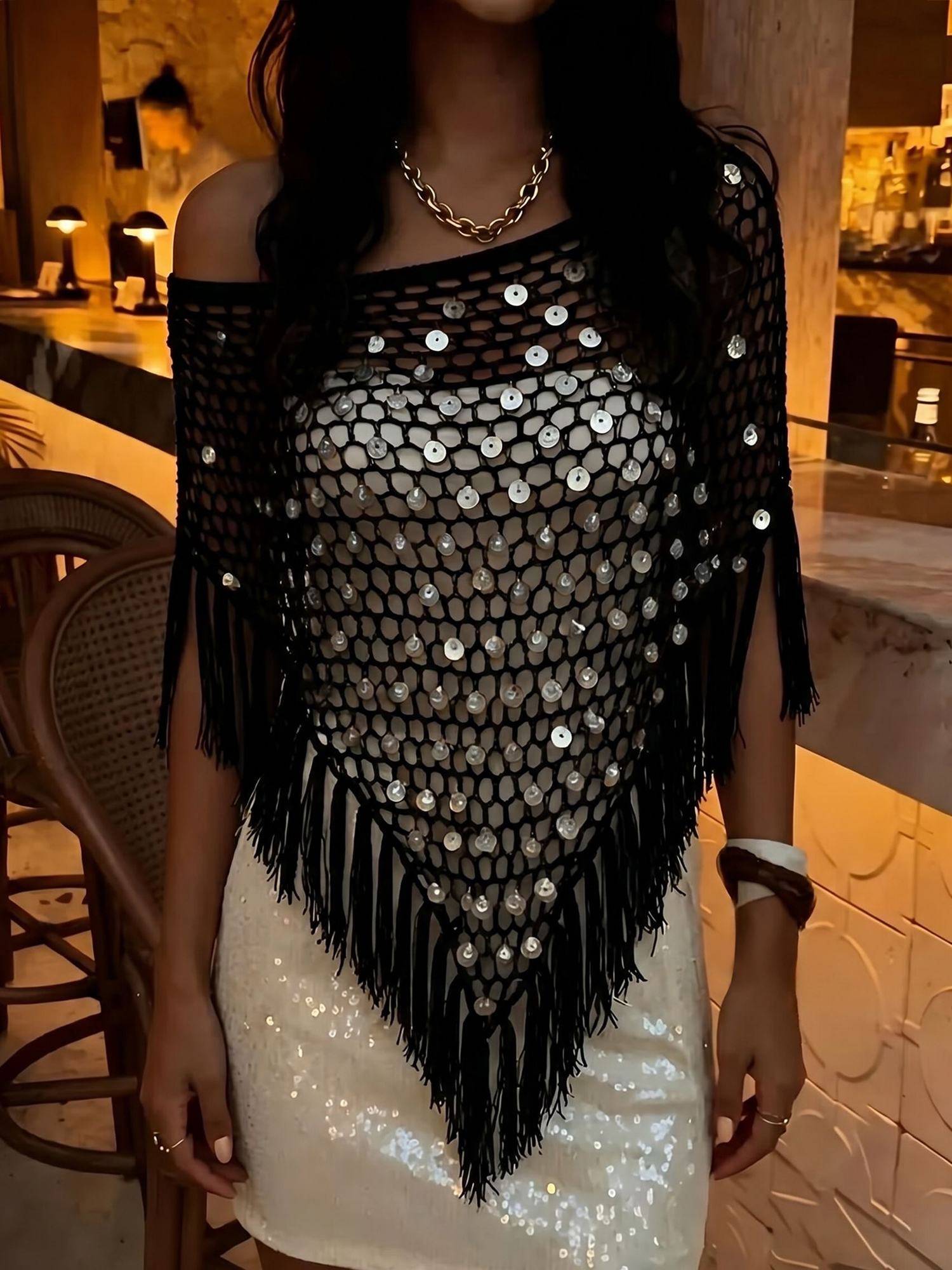 Sequined Knitted Triangle Vacation Fringed Shawl Cape Cover Up Black/S - Allegra K catalog