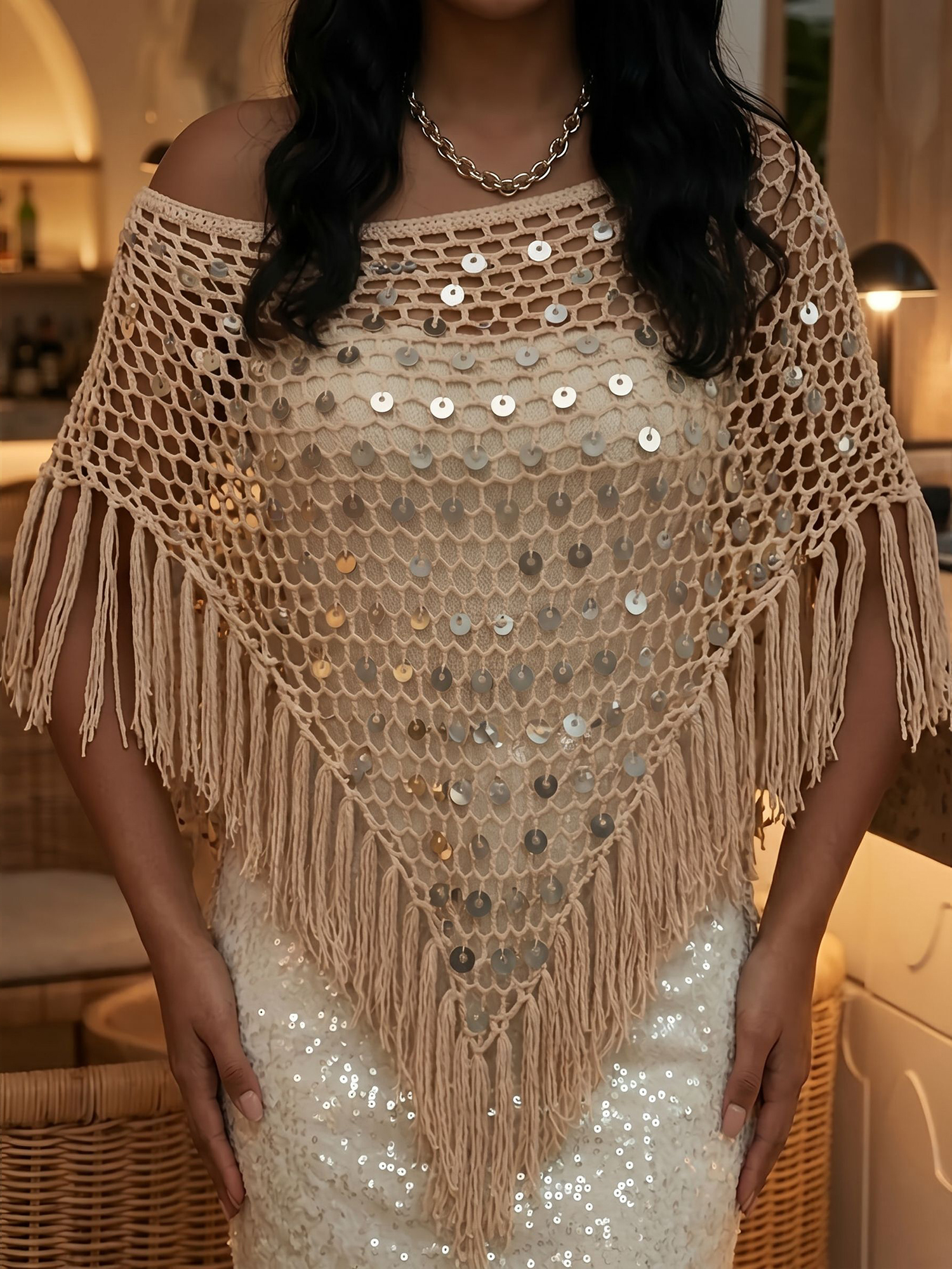Sequined Knitted Triangle Vacation Fringed Shawl Cape Cover Up Khaki/XS - Allegra K catalog