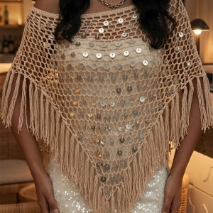 Sequined Knitted Triangle Vacation Fringed Shawl Cape Cover Up Khaki/M - Allegra K catalog