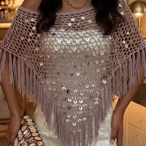 Sequined Knitted Triangle Vacation Fringed Shawl Cape Cover Up Light Purple/XS - Allegra K catalog