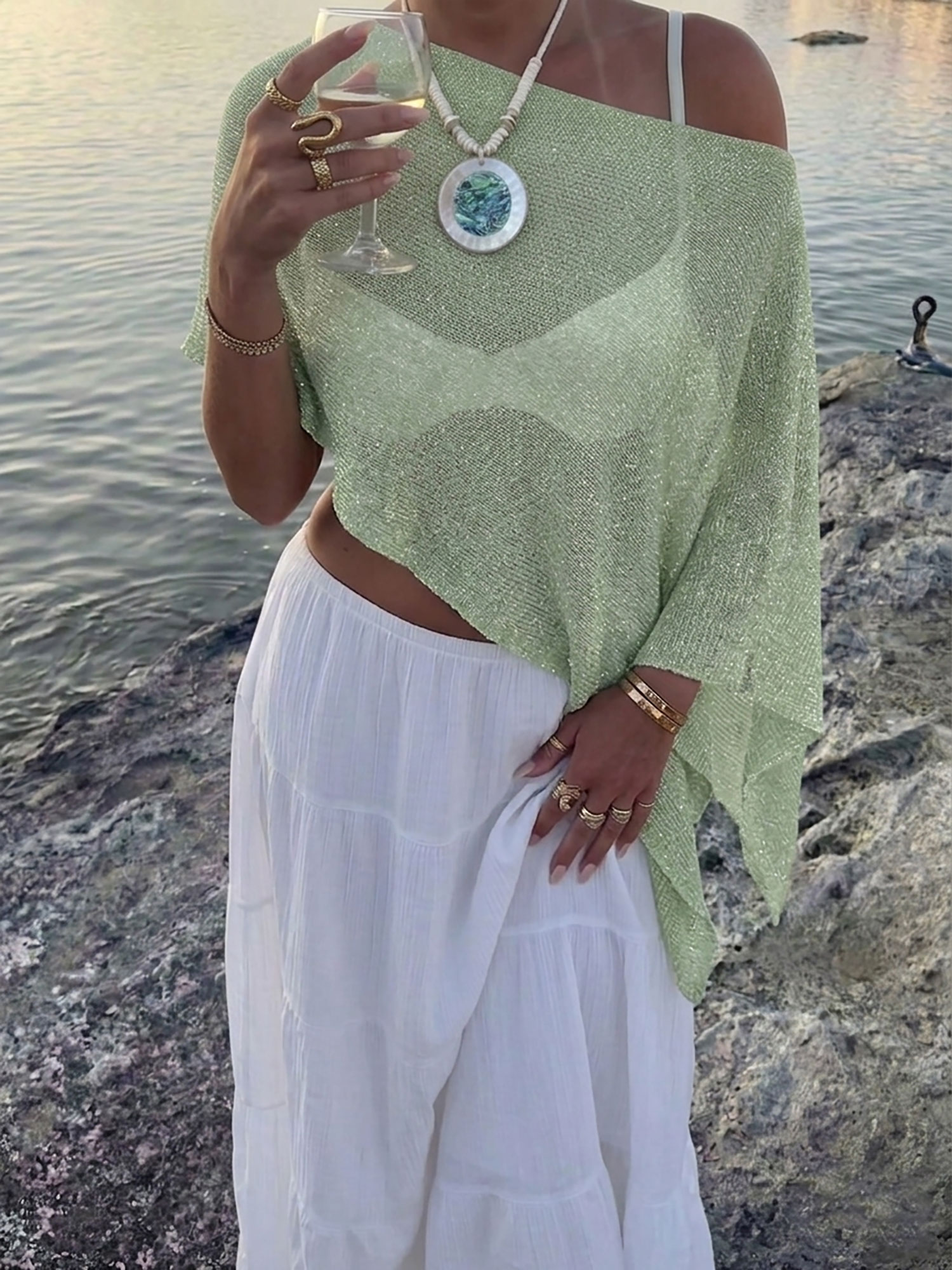 Versatile Semi-Sheer Knitted Casual Vacation Beachwear Cover Up Light Green/M - Allegra K catalog