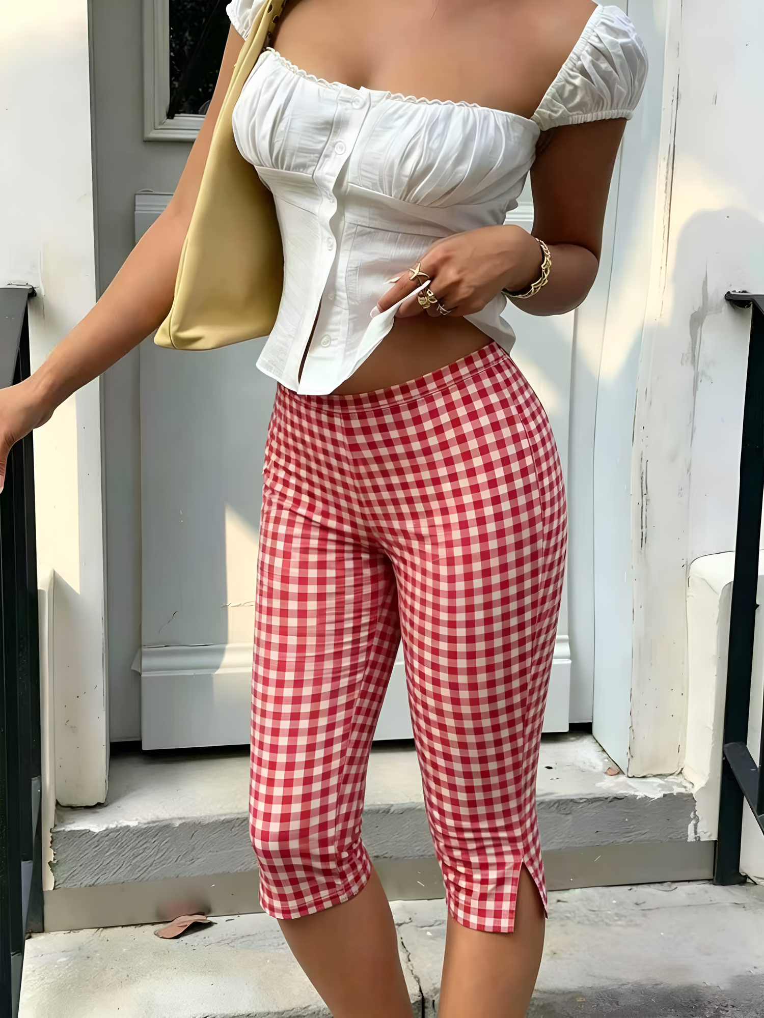 Gingham Polka Dots Casual Slim-Fit Capris Pants Pink/L - Allegra K catalog