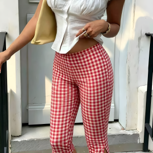 Gingham Polka Dots Casual Slim-Fit Capris Pants Pink/XL - Allegra K catalog
