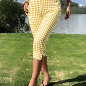 Gingham Polka Dots Casual Slim-Fit Capris Pants Yellow/XL - Allegra K catalog