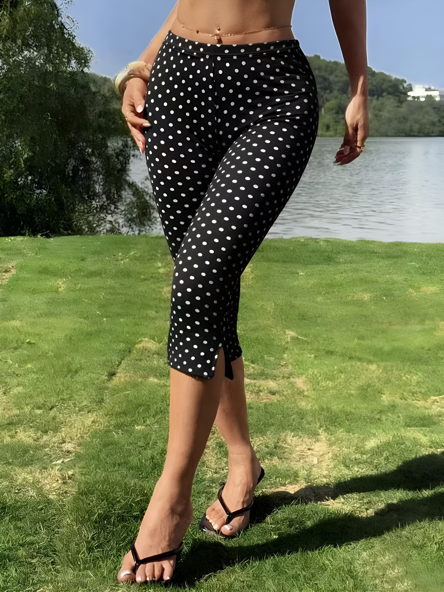 Gingham Polka Dots Casual Slim-Fit Capris Pants Black/XL - Allegra K catalog