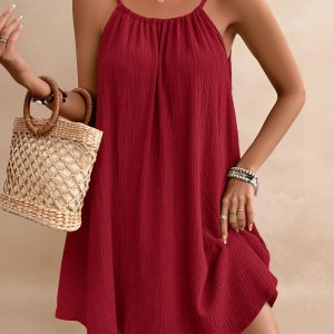 Cotton Spaghetti Strap Backless Tie-up Loose Fit Casual Dress Red/M - Allegra K catalog