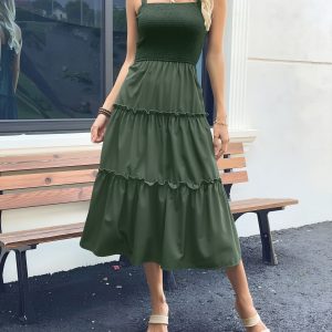 Sleeveless Smocked Ruffled Tiered Midi Dress Green/L - Allegra K catalog