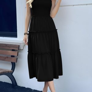 Sleeveless Smocked Ruffled Tiered Midi Dress Black/S - Allegra K catalog