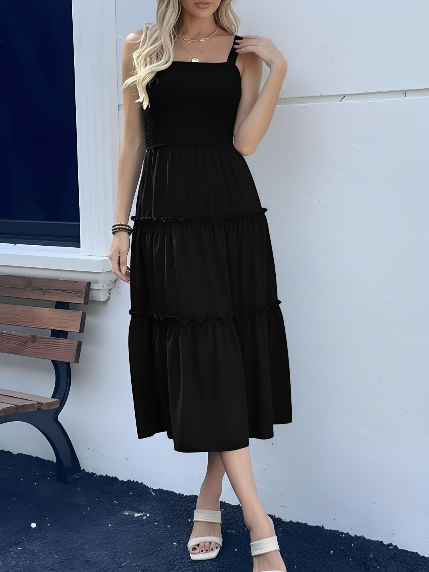 Sleeveless Smocked Ruffled Tiered Midi Dress Black/M - Allegra K catalog