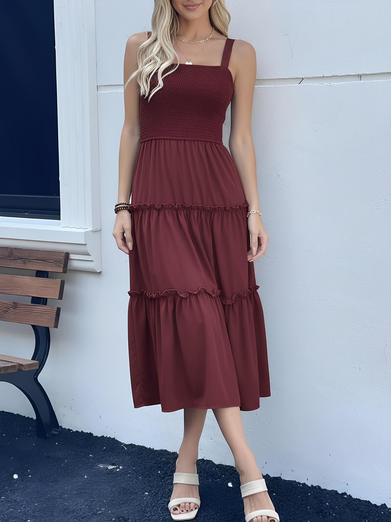 Sleeveless Smocked Ruffled Tiered Midi Dress Burgundy/XS - Allegra K catalog