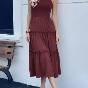 Sleeveless Smocked Ruffled Tiered Midi Dress Burgundy/XL - Allegra K catalog