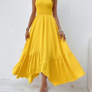 Spaghetti Strap Smocked Asymmetrical Hem Casual Dress Yellow/XL - Allegra K catalog
