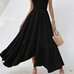 Spaghetti Strap Smocked Asymmetrical Hem Casual Dress Black/XL - Allegra K catalog