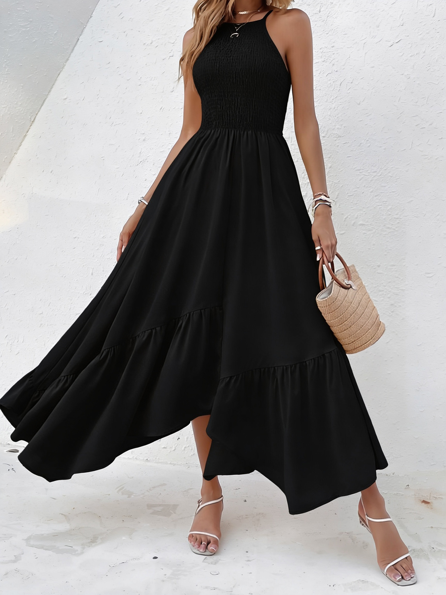 Spaghetti Strap Smocked Asymmetrical Hem Casual Dress Black/XL - Allegra K catalog