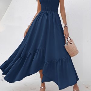 Spaghetti Strap Smocked Asymmetrical Hem Casual Dress Navy Blue/XS - Allegra K catalog