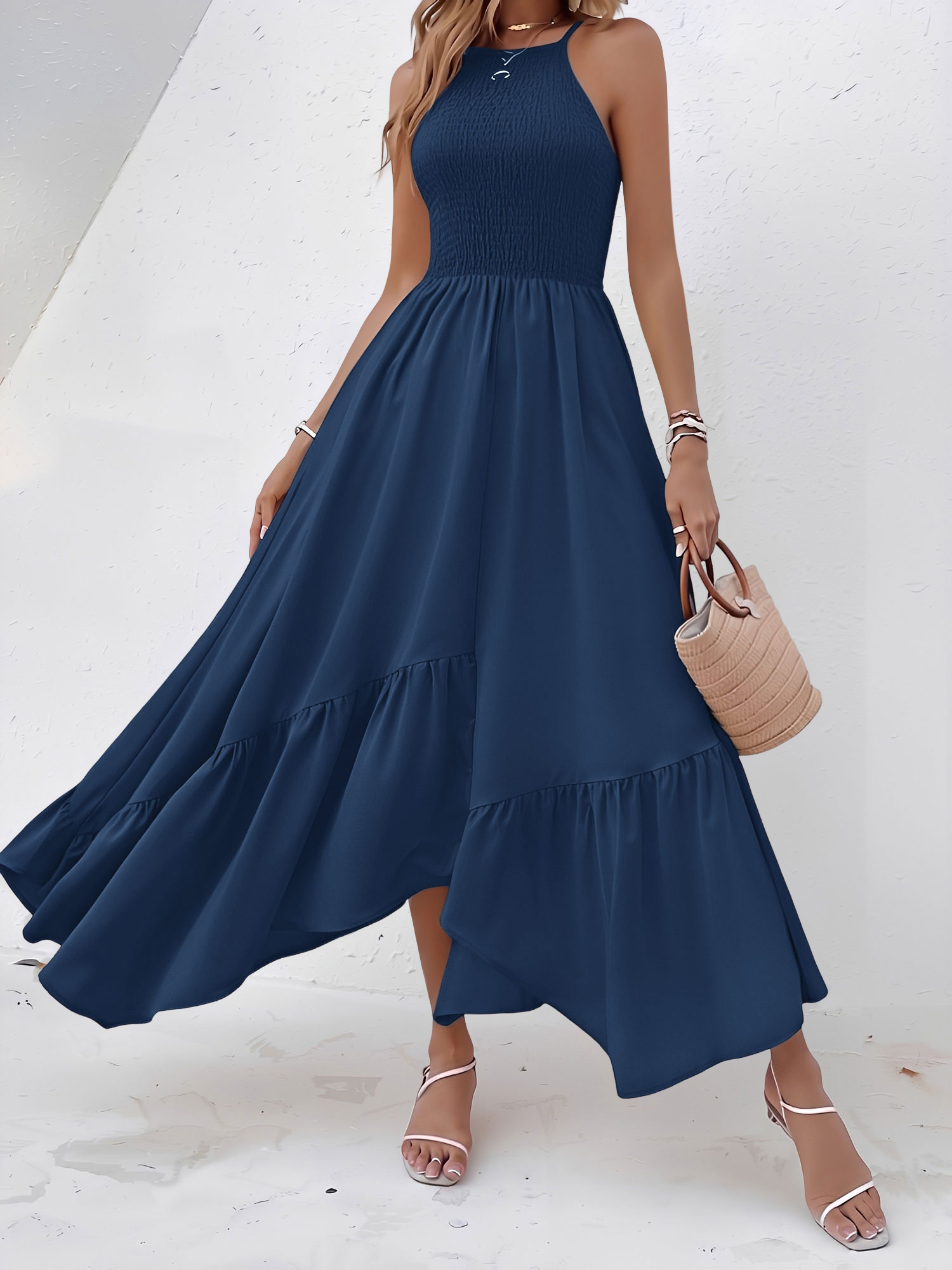 Spaghetti Strap Smocked Asymmetrical Hem Casual Dress Navy Blue/XL - Allegra K catalog
