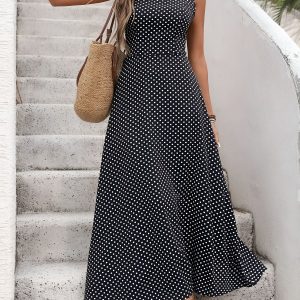 Sleeveless Backless Polka Dot A-Line Resort Dress Black/XS - Allegra K catalog