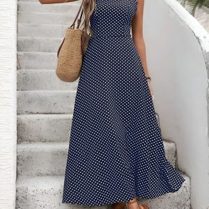 Sleeveless Backless Polka Dot A-Line Resort Dress Navy Blue/S - Allegra K catalog
