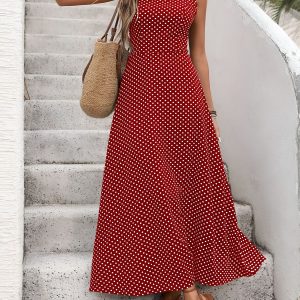 Sleeveless Backless Polka Dot A-Line Resort Dress Burgundy/S - Allegra K catalog