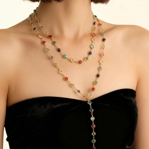 Colorful Rhinestones Multi-layered Long Y-shaped Necklace Gold/M - Allegra K catalog