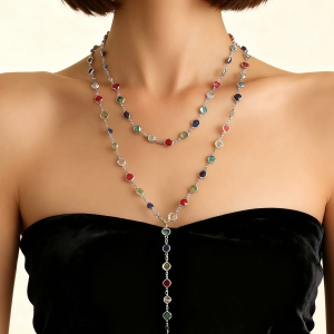 Colorful Rhinestones Multi-layered Long Y-shaped Necklace Silver/M - Allegra K catalog