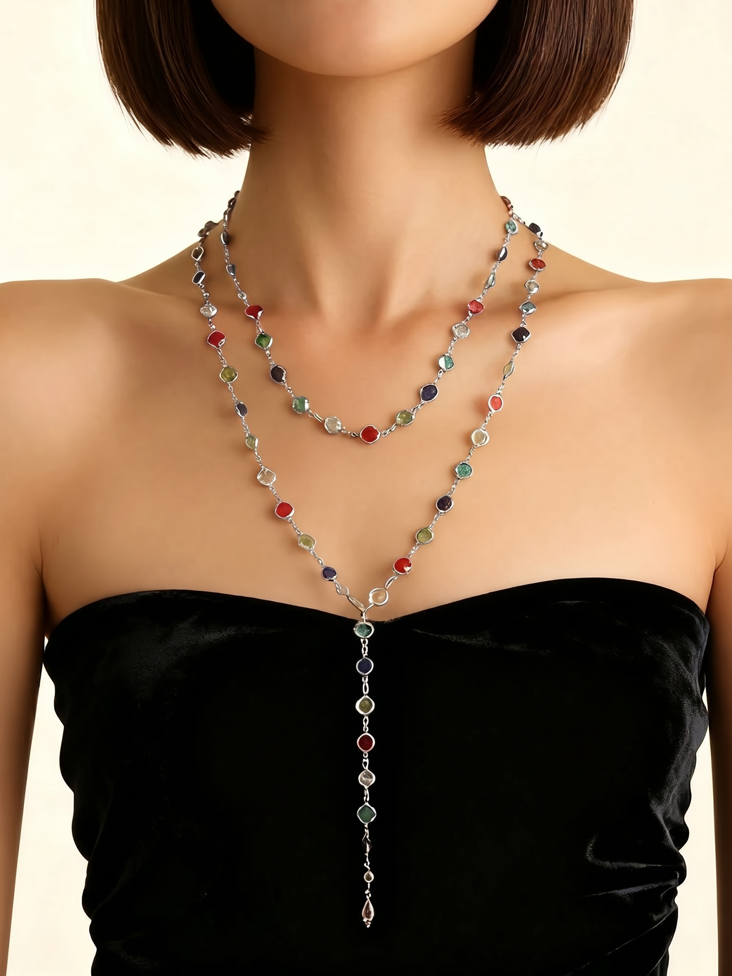 Colorful Rhinestones Multi-layered Long Y-shaped Necklace Silver/M - Allegra K catalog