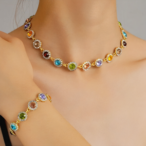 2 Pieces Colorful Zirconia Stylish Bracelet and Necklace Set Gold/M - Allegra K catalog