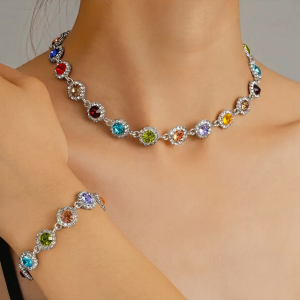 2 Pieces Colorful Zirconia Stylish Bracelet and Necklace Set Silver/M - Allegra K catalog