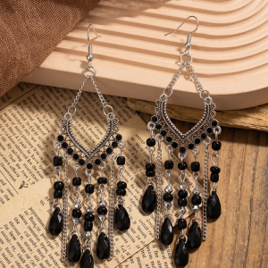 Bohemian Vintage Beaded Fringe Earrings Black/M - Allegra K catalog