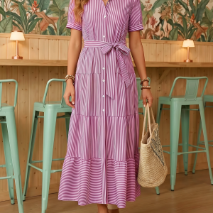 Striped Short Sleeve Belted Tiered Shirt Dress Pink/L - Allegra K catalog