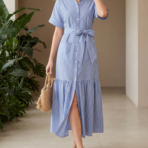Striped Short Sleeve Pocketed Belted Shirt Dress Blue/M - Allegra K catalog