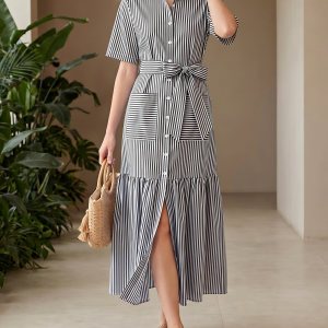 Striped Short Sleeve Pocketed Belted Shirt Dress Black/XS - Allegra K catalog