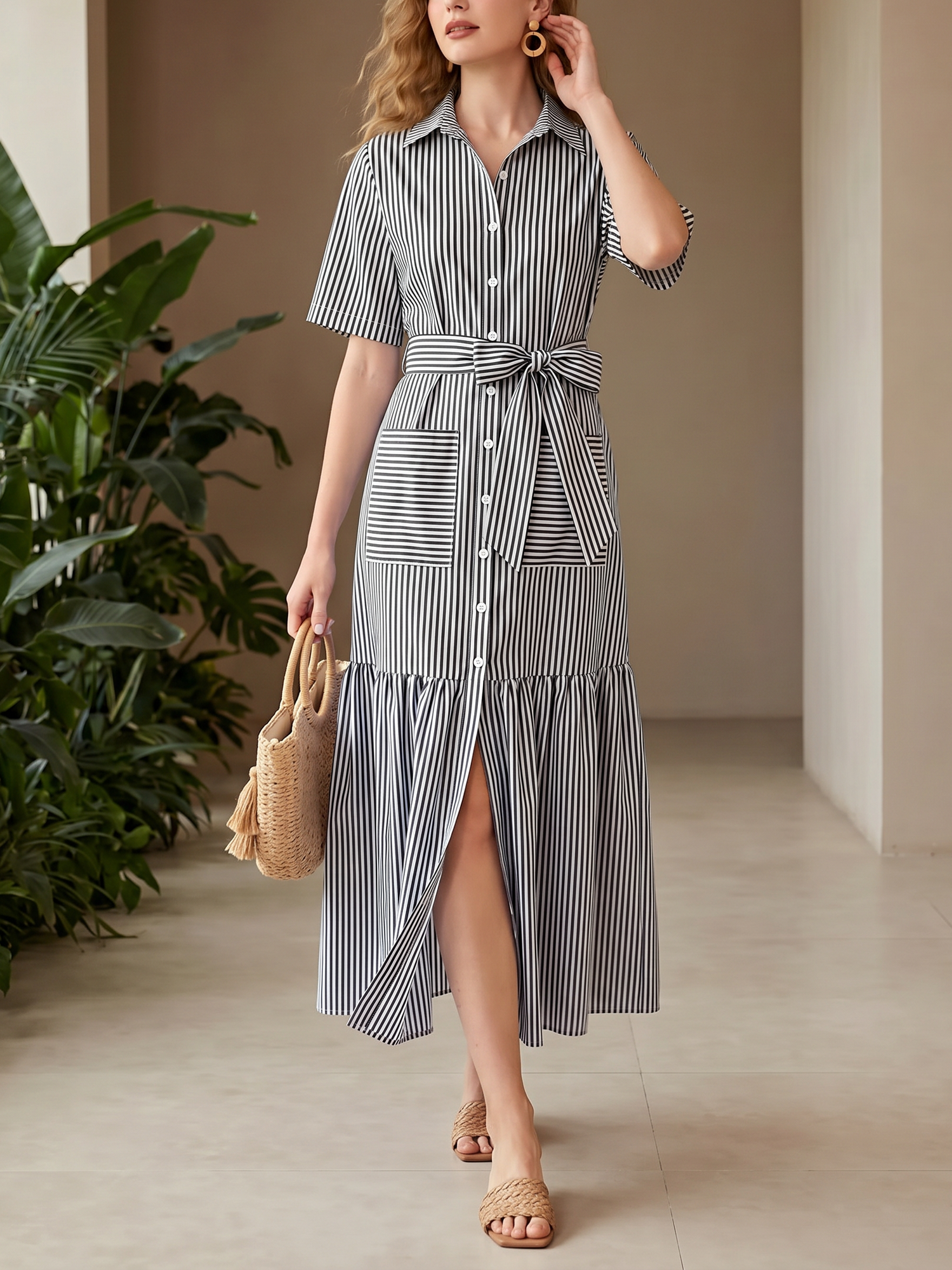 Striped Short Sleeve Pocketed Belted Shirt Dress Black/S - Allegra K catalog
