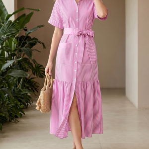 Striped Short Sleeve Pocketed Belted Shirt Dress Pink/XS - Allegra K catalog