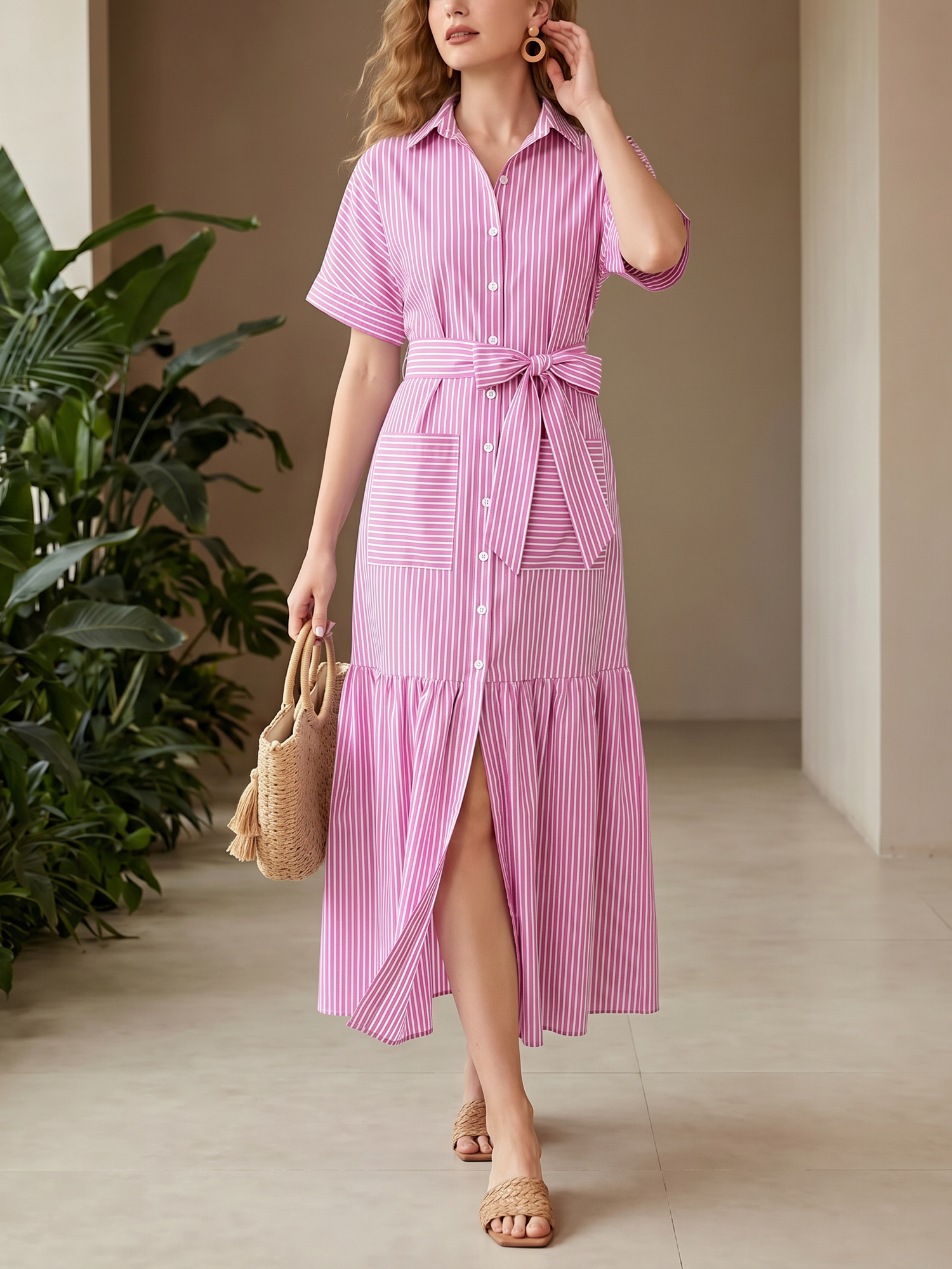 Striped Short Sleeve Pocketed Belted Shirt Dress Pink/S - Allegra K catalog